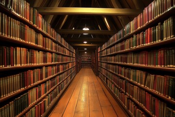 Poster - Rows of antique books fill a narrow corridor in a historic library showcasing beautiful wooden shelves
