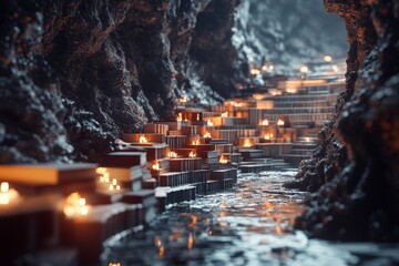 Poster - Mysterious pathway illuminated by candles within a dark cave setting at twilight
