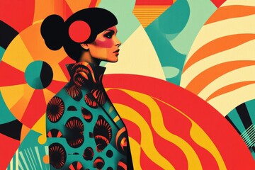 Poster - Vibrant artistic depiction of a woman against a colorful abstract background showcasing modern design elements