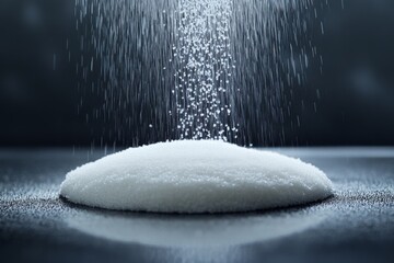 Poster - White sugar granules falling onto a mound, creating a sparkling pile on a dark reflective surface in an abstract setting