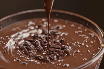 Poster - Rich chocolate sauce pouring into bowl with coffee beans at dessert preparation in cozy kitchen environment