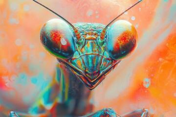 Poster - Close-up of a vibrant praying mantis with colorful patterns against a blurred background