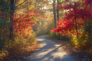 Poster - Colorful autumn path through vibrant trees illuminated by morning sunlight in a peaceful forest setting