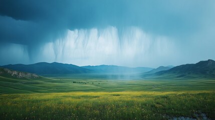 Aufkleber - Under dark clouds, heavy rain cascades across the expansive high mountain plateau, enhancing the vibrant greens and yellows of the landscape while creating a serene yet dramatic atmosphere