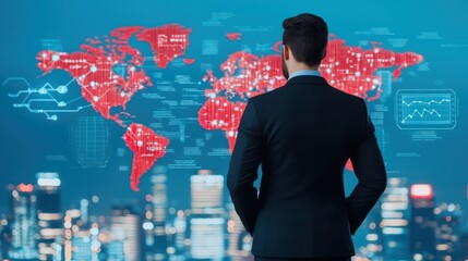 Poster - Businessman in Suit Analyzing Global Market Trends with World Map in Background