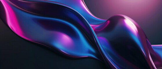 Poster - 3d render abstract backgrounds smooth metallic wavy shapes blue purple pink colors dark grey backdro