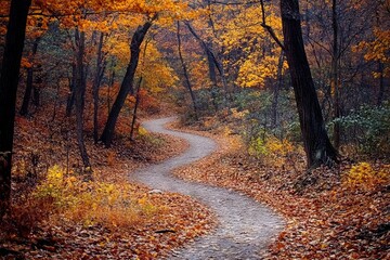 Aufkleber - Winding path through a colorful forest during autumn showcasing vibrant foliage and serene nature