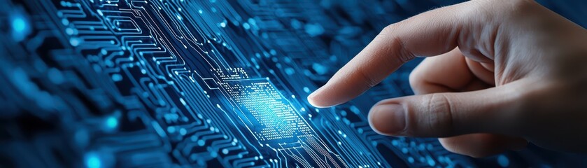 Poster - High-Tech Digital Interface Concept with Hand Touching Circuit Board in Futuristic Setting