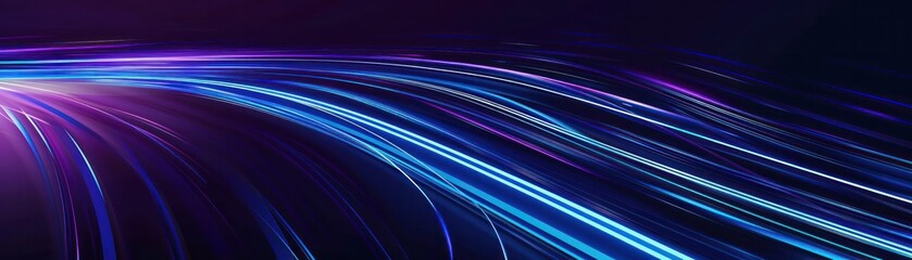 Fototapete - Blue glowing illustration light speed lines background, curved trail in motion blur effect on dark purple backdrop.