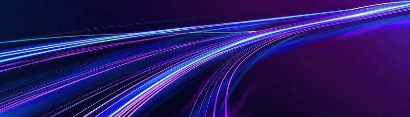 Fototapete - Blue glowing illustration light speed lines background, curved trail in motion blur effect on dark purple backdrop.
