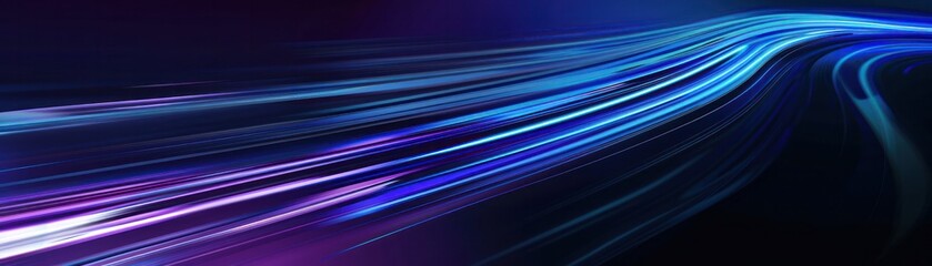 Fototapete - Blue glowing illustration light speed lines background, curved trail in motion blur effect on dark purple backdrop.