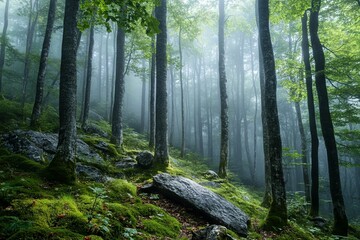 Poster - Misty forest landscape with tall trees and lush greenery during early morning hours