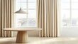 © malayeka - Modern minimalist room with round wooden table and beige curtains, sunlight streaming through large windows.