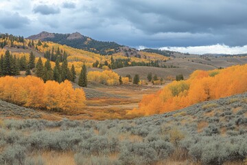 Poster - Fall colors transform a mountain landscape with vibrant hues of orange and green near a tranquil valley under a cloudy sky
