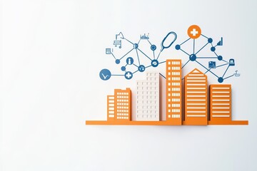 Poster - Conceptual illustration of public health system network with buildings and digital connections