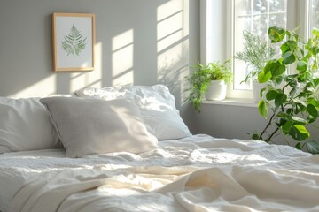Poster - Sunlit bedroom with cozy bedding and indoor plants creates a serene atmosphere in a modern home