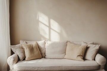 Aufkleber - Cozy beige sofa with soft pillows bathed in warm sunlight in a minimalist living room setup