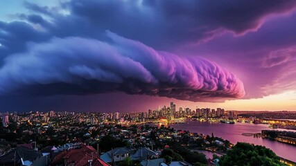 Poster - Storm timelapse captures dramatic clouds rolling over a cityscape at dusk, Storm timelapse of clouds