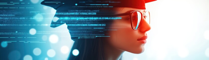 Poster - Futuristic Virtual Learning Concept Featuring Female Student with Data Streams