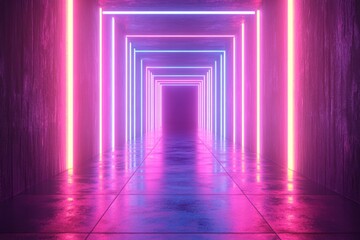 Poster - Vibrant neon tunnel with glowing lights creating a mesmerizing pathway in a dark environment