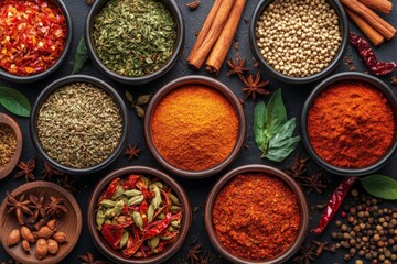 Aufkleber - Colorful variety of spices arranged in bowls on a dark surface showcasing culinary diversity and flavor