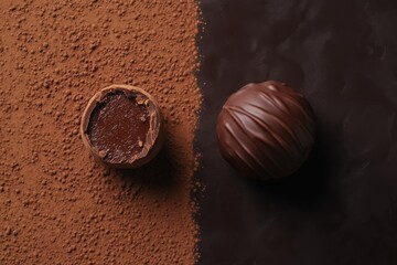 Poster - Dark chocolate truffle placed on cocoa powder surface for dessert lovers
