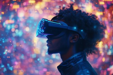 Poster - Person experiences immersive virtual reality in a colorful digital environment at night