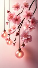 Poster - Delicate sakura flowers cascade down, adorned with glowing lanterns that cast a warm ambiance. This enchanting arrangement evokes a tranquil springtime spirit, perfect for celebrations