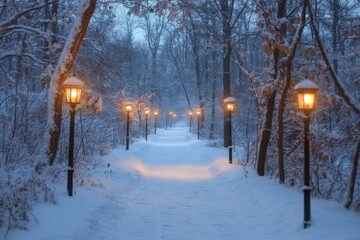 Aufkleber - Snow-covered pathway illuminated by vintage street lamps on a winter evening in a serene forest