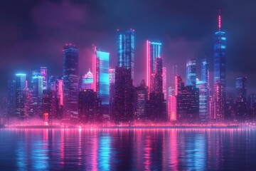 Poster - City skyline illuminated with vibrant neon lights at night showcasing modern architecture by the water