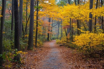 Poster - Vibrant autumn foliage along a tranquil forest trail surrounded by colorful trees in the early morning light