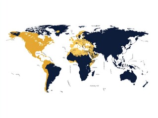 Poster - Generic illustration of a world map with gold and navy blue color highlights on a white background for geographical representation