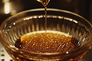Aufkleber - Golden honey dripping into a glass bowl, captured in a warm kitchen setting during the evening