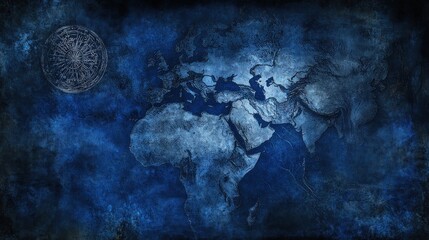 Poster - Abstract world map in dark blue with white continents and a bright spot resembling a celestial body
