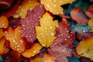 Aufkleber - Colorful autumn leaves with raindrops collecting on their surfaces in a tranquil natural setting