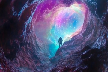Poster - Journey through a cosmic cave filled with vibrant colors and surreal lights near an otherworldly portal