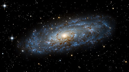 Wall Mural - Distant spiral galaxy glows with blue and gold light against a backdrop of countless stars in the vast cosmos.