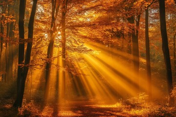 Poster - golden sunlight filters through autumn trees in a tranquil forest setting during early morning hours