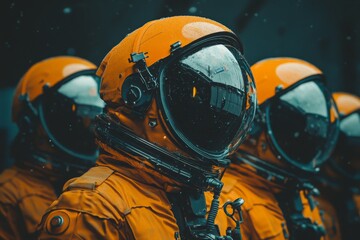 Poster - Group of astronauts in orange suits preparing for mission in a futuristic environment during a cloudy day