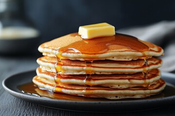 Aufkleber - Fluffy pancakes topped with melting butter and drizzled with syrup on a dark plate