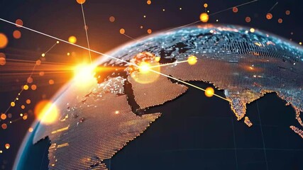 Aufkleber - Digital globe with glowing data visualization and bright spot of light in a dark space, globe and digital data processing over glowing spots on dark background