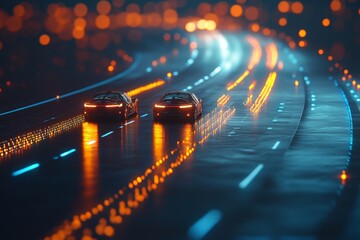 Aufkleber - Neon-lit highway at night showcases two sleek cars racing along a vibrant road in a bustling urban landscape