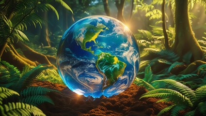 Wall Mural - Crystal Earth On Soil In Forest With Ferns And Sunlight - The Environment - Earth Day Concept