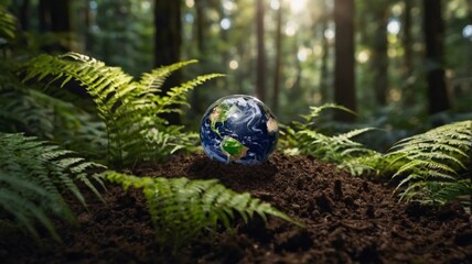 Wall Mural - Crystal Earth On Soil In Forest With Ferns And Sunlight - The Environment - Earth Day Concept