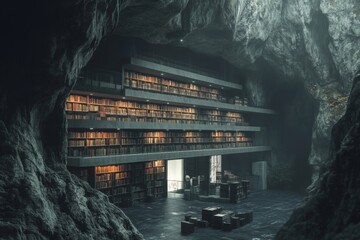 Aufkleber - Cave library with modern architecture featuring stacked shelves and warm lighting