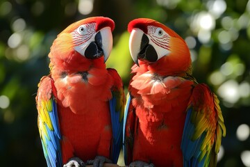 Aufkleber - Colorful parrots perched together in a lush tropical setting during the daytime