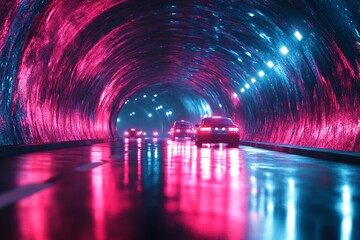 Poster - Cars driving through a vibrant neon tunnel illuminated with colorful lights at night