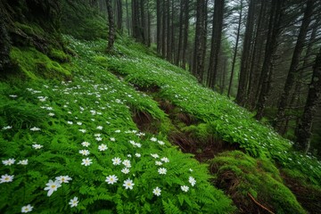 Poster - Lush green forest with blooming wildflowers during a misty morning in early spring