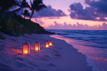 Aufkleber - Soft glowing lanterns illuminate a tranquil beach at twilight near the ocean with gentle waves under a colorful sky