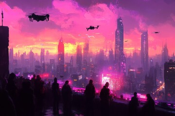 Poster - Futuristic skyline with vibrant colors and drones flying over a bustling metropolis at sunset